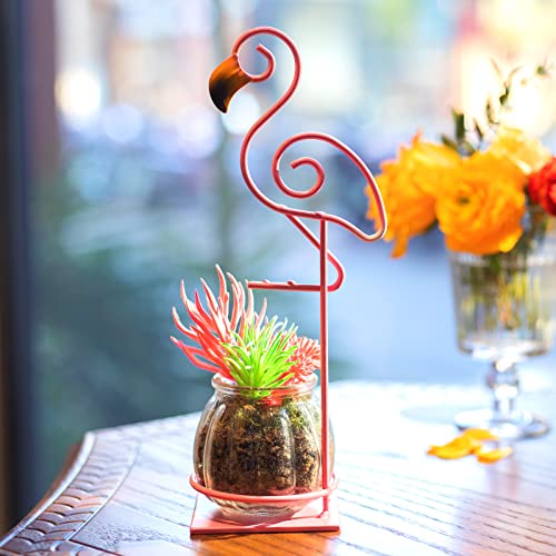 Tabletop Pink Flamingo Planter Propagation Station, Glass Vase Metal Stand - color: Pink Flamingo