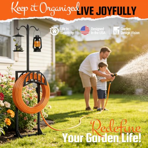 Garden Hose Holder, Water Hose Stand for Outside with 4 Stake and 2 Shepherds Hooks, Freestanding Hose Storage Holds 150Ft, Heavy-Duty Metal Hose Hanger Rack for Yard, Lawn, Farm