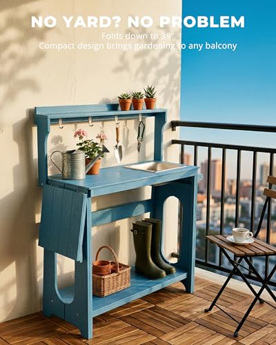 Outdoor Potting Bench Table with Removable Sink for Outside, Blue - color: Blue
