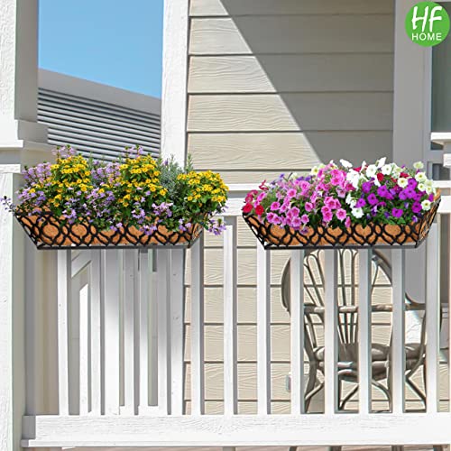 HFHOME 24 Inch Deck Railing Planter Box with Horse Trough Coco Liner, 24" Window Boxes with Coconut Coir Liner, Black Metal Hanging Flower Planter Basket for Outdoor Indoor Lawn - 4 Pack - size: 24 Inch 4-Pack Floral-Pattern