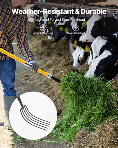 VEVOR Garden Fork, 5-Tine Gardening Pitchfork with Fiberglass Handle, 57 in Heavy Duty Digging Fork with Y Grip, Forged Steel Spading Fork for Hay Potato Composting Transplanting Aeration - size: 5-Tine, style: Fiberglass Handle & Steel Fork