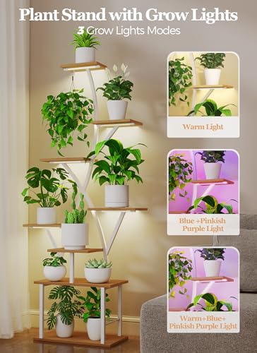 Plant Stand Indoor with Grow Lights - 64" Tall Plant Shelf Lighted Corner Plant Stands for Indoor Growing Multiple Metal 8 Tiered Large S-Shape Flower Holder Plant Rack for Home Decor Patio White - color: White-64"