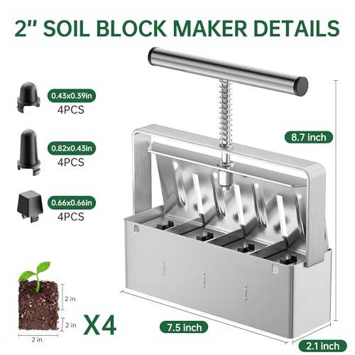 Soil Blocker, 2 Inch Soil Block Maker with 3 Sizes Seed Pins & Comfortable Handle 4 Cell Handlheld Soil Blocking Tool for Seed Starting, Grow Seedling, Outdoor Plants, Greenhouses, Garden - color: 4 Cell Soil Blocker