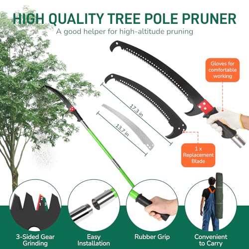 Outvita Manual Pole Saw, 26 Feet Extendable Tree Pruner with Knives and Storage Pocket, Sharp Steel Blade and Scissors High Branches Trimming for Pruning Palms and Shrubs - color: Green, size: 26 feet