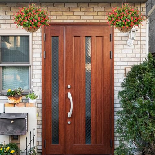 NETAP Artificial Hanging Flowers Basket for Outdoor, 16 Fake Flowers Look Real UV Resistant, Faux Hanging Plants for Porch, Balcony, Patio, Garden, Spring Summer Decor,Red - color: Red