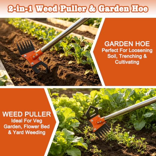 2-in-1 Weed Puller Tool with Adjustable Long Handle – 60" Manual Weeder Rake and Garden Hoe, Uprooting Weed Remover for Lawn, Yard, Patio, Garden