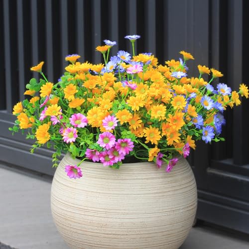 alyptus Artificial Mums for Outdoors 16 Bundles UV Resistant Plants Yellow Faux Sile Daisy Fake Plastic Eucalyptus for Fall Decor - color: Multi Color