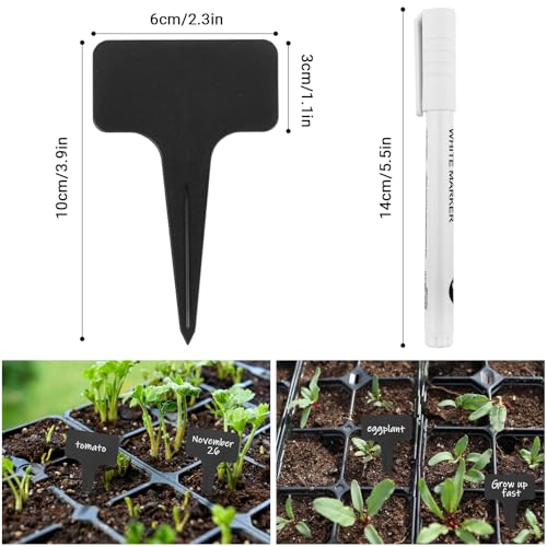 Greaner T-Type Plant Name Tags, 4 Inch 100 PCS Garden Labels Markers for Outdoor Garden Waterproof, Plastic Plant Tags for Indoor Outdoor Pots with A Pen(Black) - color: Black, size: 2.3x4 Inch-100 PCS