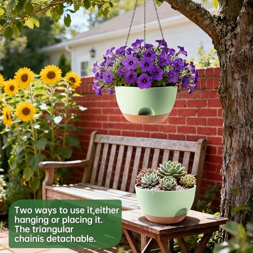 4-Piece Set of 8-Inch Hanging Planters with Automatic Watering System and Drip Tray, Includes Metal Chain, Suitable for Various Indoor and Outdoor Plants and Flowers, Green-Brown - color: Green 4 Pack, size: 8 inch
