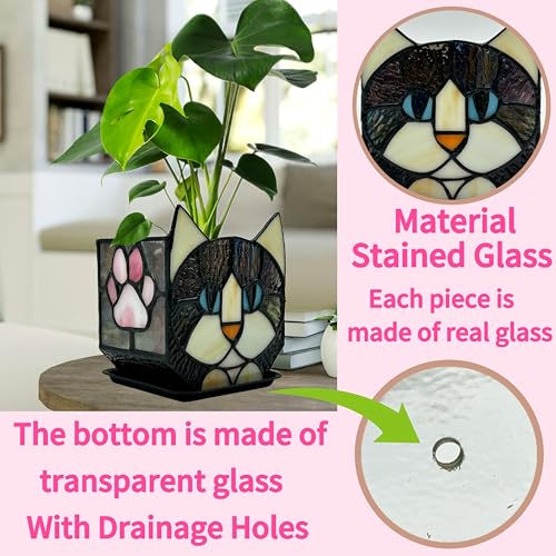 Stained Glass Black Cat Flower Pot,Succulent Pots with Drainage,Unique Black Cat Planter,Flower Pots for Indoor Plants,Glass Container Display Decoration,Cute Plant Gifts - color: Black-white