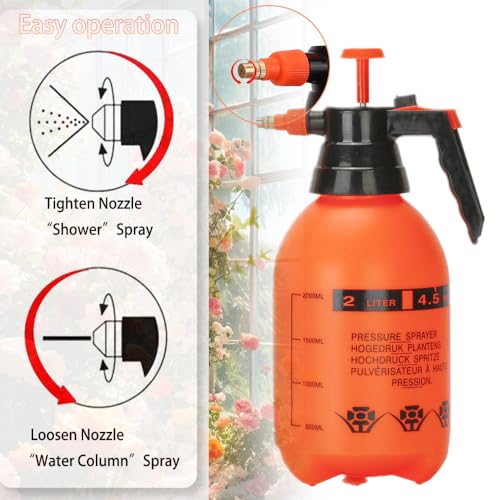 2 Pack Pump sprayers in Lawn and Garden, 2L Handheld Garden Pump Sprayer 0.5 Gallon Water Mist Spray Bottle for Plants, Weed Sprayer with Adjustable Brass Nozzle (2L Orange)