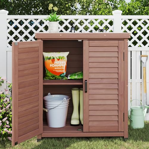 Outdoor Storage Cabinet & Potting Bench Table with Metal Top, Wooden Patio Furniture, Garden Workstation (Dark Brown, 36x31x17in) - color: Dark Brown, size: 36x31x17in