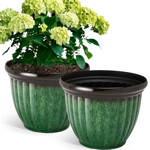 Autodaya 15" Large Planters For Outdoor Plants Set Of 2 Plastic Flower Pots - color: 15"-gradient Emerald Green With Black Rim