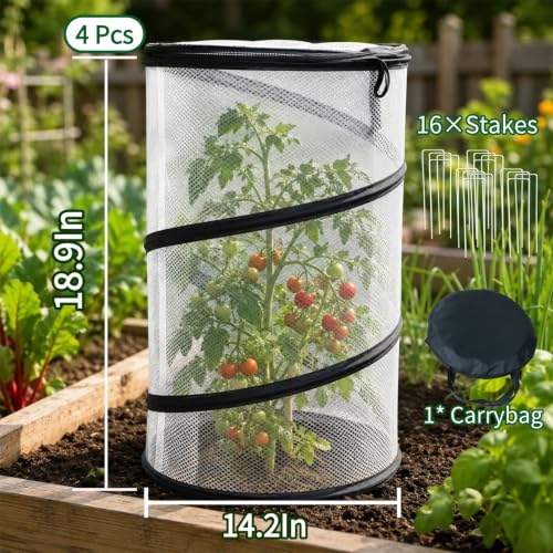 4 Pcs Pop Up Tomato Bird Barrier Plant Cover Mesh Net Cage with Stakes