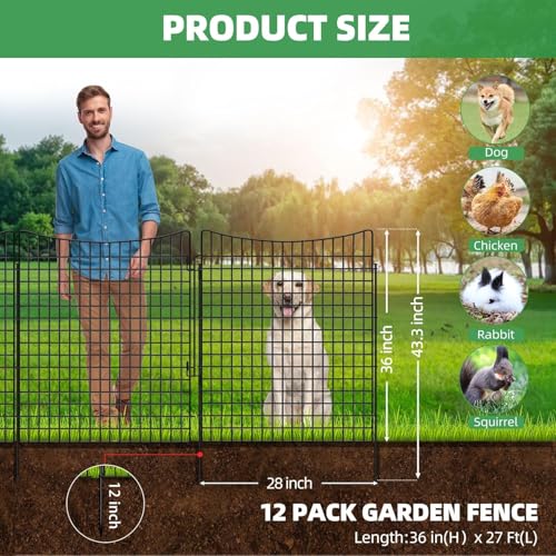 12 Panels 36 in(H) X 27ft(L) Dog Fence Outdoor for Yard with Lock, Garden Fence Animal Barrier, Decorative Metal Wire Fence Panel Tall Fencing for Garden, Patios, Flower Bed - size: 33 in(H)