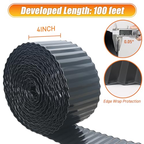 Quibbay Corrugated Metal Garden Edging, 4"×100Ft Landscape Edging Border for Lawn, Flower Bed and Garden, Flexible Lawn Edging for DIY Tree Surrounds Borders and Landscaping, Black - color: Black, size: 4 Inch × 100FT