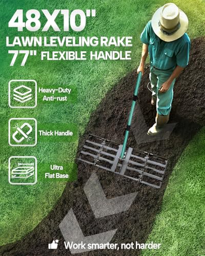 48"x10" Lawn Leveling Rake, Yard Leveling Rake for Soil with 77" Handle - style: 48"X10"