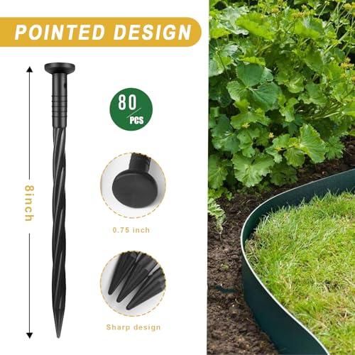 80 Pack 8 Inch Plastic Landscape Edging Anchoring Stakes Garden Lawn Yard Spikes Landscaping Stakes for Paver Edging, Weed Barrier, Tent, Artificial Turf