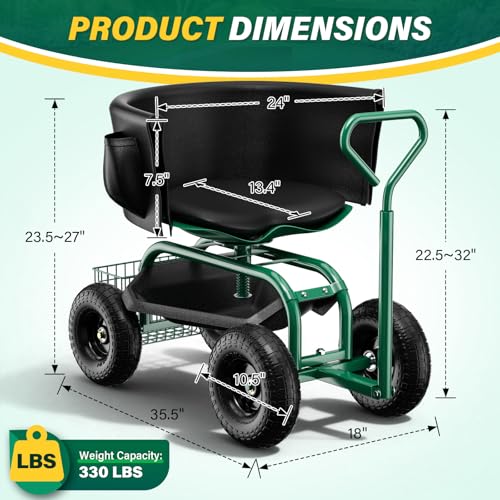 Baotree Garden Seat with Wheels, Rolling Garden Stool with Adjustable 360°Swivel Seat, Storage Basket & Extendable Handle, Outdoor Gardening Scooter, Garden Cart Workseat Stools for Seniors - color: Green