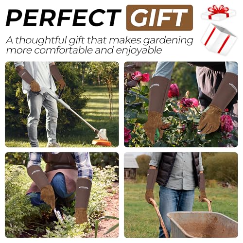HLDD HANDLANDY Long Gardening Gloves for Women Men - Leather Rose Pruning Gloves Thorn Proof - Breathable Working Glove for Planting, Weeding, Yard Work