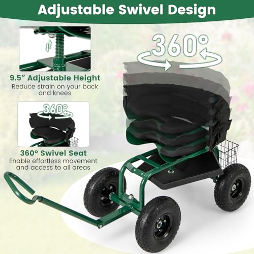 Garden Cart with Seat, Heavy-Duty Rolling Wagon Scooter with Wheels, Height Adjustable & 360° Swivel Seat, Storage Tray, Basket & Handle, Outdoor Gardening Work Seat for Patio Yard(Green) - color: Green