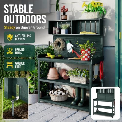 Garden Potting Bench, 65 Inch Wooden Patio Workstation with Storage (Greeen) - color: Greeen