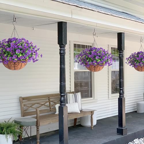 Artificial Fake Hanging Flowers Plants Basket for Outdoors Fall Decoration, Realistic Faux Silk Morning Glory for Outdoor Planters UV Resistant Artificial Flowers for Outside Porch Garden, Purple - color: B Purple
