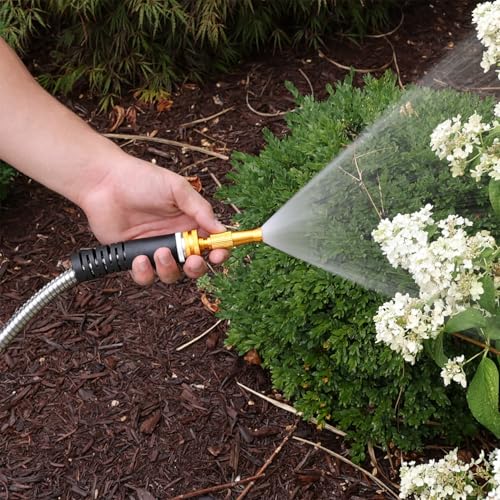Melnor 97051AMZ XT Stainless Steel Garden Hose 5/8" x 50ft - Kink-Free - Lightweight - Rubberized Grips - Metal Twist Nozzle - Ultra Durable - Silver/Black