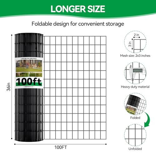 Welded Wire Fence, 100t(L) x 36inch(H) PVC Anti-Rust Coated Wire Mesh, 2 Inch x 3 Inch 16GA Garden Edging Border, Roll Metal Animal Barrier for Yard Vegetable Plant Protection Poultry Netting - size: 100ft(L) x 36inch(H)