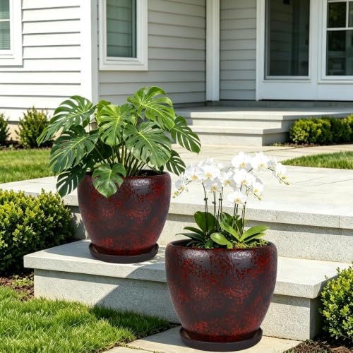 Ceramic Plant Pots With Saucer & Drainage Hole, 8 inch Indoor Flower Pots - color: Red, size: 8 inch