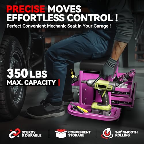 Auto Dynasty Mechanic Rolling Seat, 3-Drawer w/Tool Tray, 350LBS, Purple - color: Purple