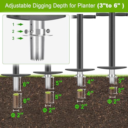 Dolibest 3-in-1 Sod Plugger & Bulb Planter Tool - Depth Adjust (3-6'') Stainless Steel Sharp Serrations with Ergonomic Grip | Lawn Plug Cutter for Turf Repair, Soil Sampling & Garden Planting-35.7" - color: Black E- 3-6'' depth