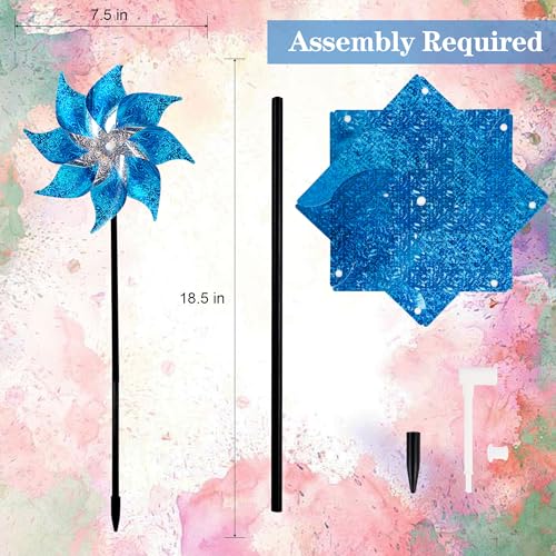Hausse 10 Pack Reflective Pinwheels with Stakes (Assembly Required), Extra Sparkly Pin Wheel for Garden Decor, Bird Repellent Devices Deterrent to Scare Birds Away from Yard Patio Farm, Blue - color: Blue