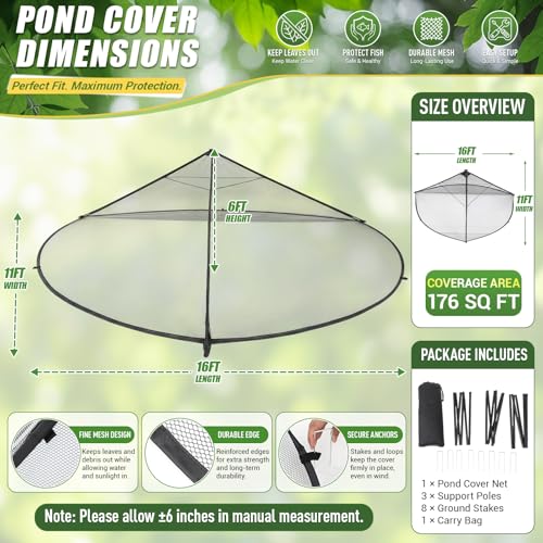 11 x 16 ft Pond Cover Dome Net with Frame for Outdoor Koi Pond - size: 11x16x6ft