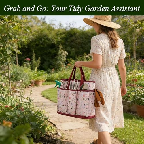 VerdantVibes Gardening Tools Set - 10 Piece Stainless Steel Garden Tools with Wood Handle, Pruners & Romantic Pink Floral Tote Bag - Cute Heavy Duty Gardening Gifts for Women Mom Wife - color: Pink