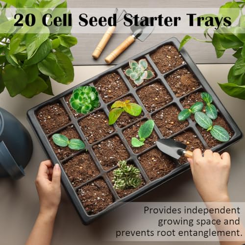 RooTrimmer 2.5 inch Square Pots 3.5 inch Deep 20 Cell Seedling Trays with Water Collection Nursery Trays (15"x11"x3") for Seeds Starting and Transplanting(5 Sets) - size: 20 Cell Plug Trays + Flat Trays-5P