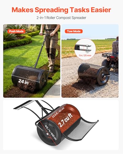 VEVOR Compost Spreader, 24" Wide Peat Moss Spreader with Push/Tow Handle & Brush, 4 Heights Adjustable, Powder-Coated Steel Garden Peat Moss Roller, Heavy Duty Grass Seed Roller for Planting Seeding - style: 24in with brush