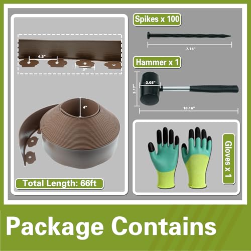 4" x 66' No Dig Landscape Edging, Garden Edging Border with 100 Spikes, Hammer & Gloves, Tool-Free HDPE Lawn Edging Kit for Garden Yard Flower Beds Pathway Landscaping Project - color: Brown, size: 4in x 66ft