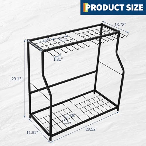 Garden Tool Organizer 2 Tier Yard Storage Rack With14 Hooks,Heavy Duty Holder With 43 Long-Handled Slots,Freestanding Tool Organizers and Storage for Yard Shed and Lawn