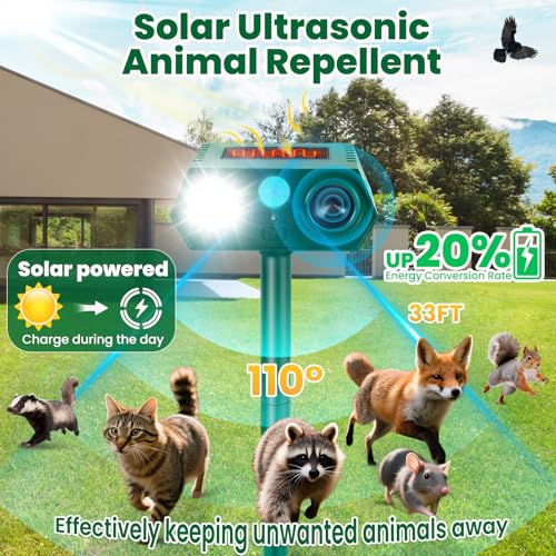 Solar Ultrasonic Animal Repellent Outdoor, 4Pack Waterproof Deer Repellent Devices with RIP Motion Sensor, Cat Repellent with LED Flashing Lights, Raccoons, Skunks, Rabbits Deer Deterrent Outdoor