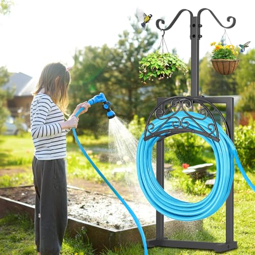 Garden Hose Holder, Freestanding Hose Reel Stand with Shepherd Hook - style: Floral with Shepherds Hooks