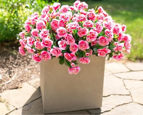 Artificial Fake Outdoor Outside Flowers Plants For Spring Decor, Faux Silk Pink Camellia UV Resistant Realistic for Front Door Porch Patio Planter Balcony Garden Yard Home Decor, 3 Large Bundles - color: Pink