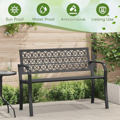 Outdoor Bench with Clover Back, Heavy-Duty Metal Frame Graden Bench, Weatherproof Patio Park Bench for Front Porch, Park, Yard, Patio - size: Clover