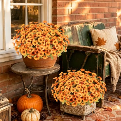 Fake Mums Artificial Fall Flowers for Outdoors Silk Daisy Bulk - color: Orange
