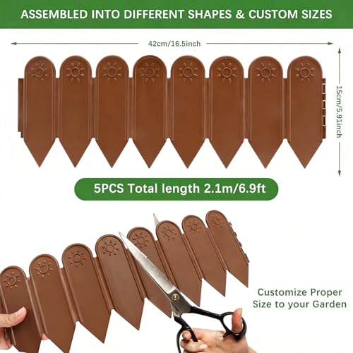 EEOCWF 6 in Tall Brown Garden Edging Borders, Total 6.88ft No Dig Landscaping Edging, 5Pcs Plastic Interlocking Decorative Garden Fences Edging, Lawn Edge Flower Bed Border for DIY Patio Walkways Yard - color: Brown-H 6"