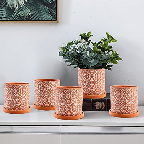Jucoan 2 Pack Terracotta Plant Pot, 5'' Red Clay Planter Pot with Boho Flower Pattern, Ceramic Cactus Flower Planter Succulent Pot with Drainage Hole and Saucer for Indoor Outdoor Plant