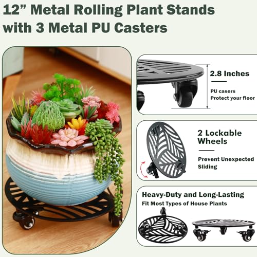 1 Pack 12 inches Large Metal Plant Caddy with 3 PU Metal Wheels Rolling Plant Stand with Casters Indoor Outdoor Wheeled Planter Roller Base Pot Movers Plant Dolly Coaster Trolley Black - size: 11.9"