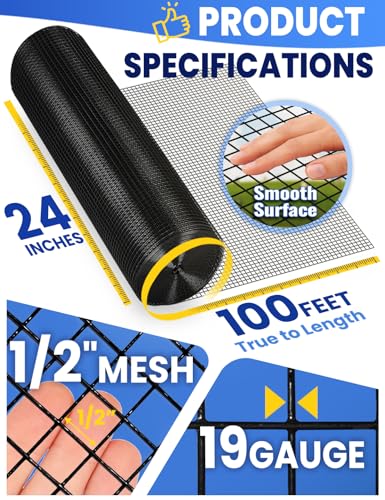 Black Vinyl Coated Wire Mesh PVC Hardware Cloth 1/2 in 24”x100’ 19 Gauge, Welded Wire Fencing Chicken Wire Mesh Roll Cage Wire Netting - size: 1/2" 24" x 100'