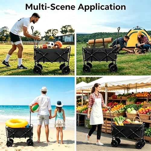 Foldable Wagon Cart on Wheels Dual-Layer Beach Wagon with Extra Space - color: Black