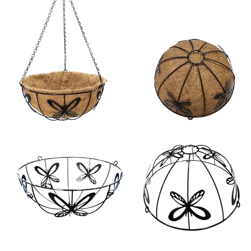 EIMQUVW Outdoor Metal Hanging Planters Basket (4pack, 14 inch) Hanging Baskets for Plants Chain Round Wire Plant Holder with Coco Fiber Liners for Garden, Patio, Deck, Porch(Butterfly)
